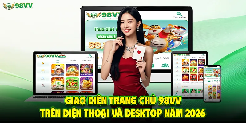 Giao diện trang chủ 98VV trên điện thoại và desktop năm 2026